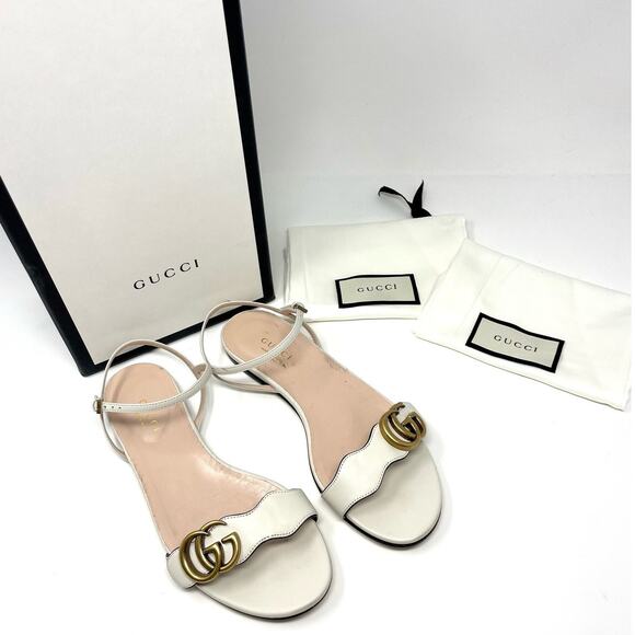 Gucci Marmont Interlocking GG Leather Ankle Strap Flat Sandals White Gold EU 36 - Picture 1 of 14
